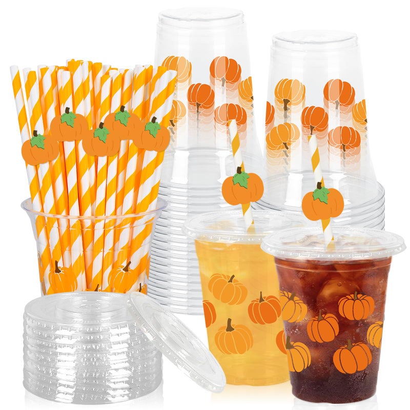 Whaline 50 Pcs Fall Plastic Cups with Lids and Straws Orange Pumpkin Clear Plastic Cups 12 Oz Pumpkin Disposable Cup for Autumn Thanksgiving Party Supplies - Image 1